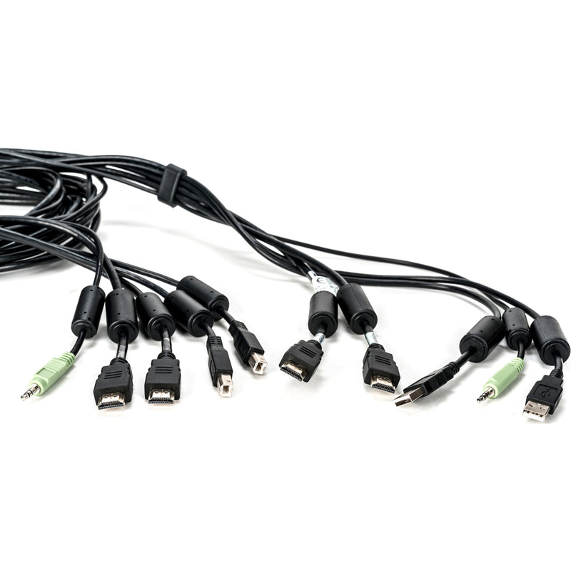 Close-up view of AVOCENT KVM cable connectors showing HDMI, USB, and audio interfaces