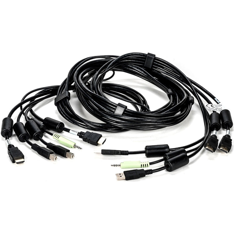 AVOCENT CBL0117 KVM cable bundle showing dual HDMI connectors, USB ports, and audio jacks with cable management clips