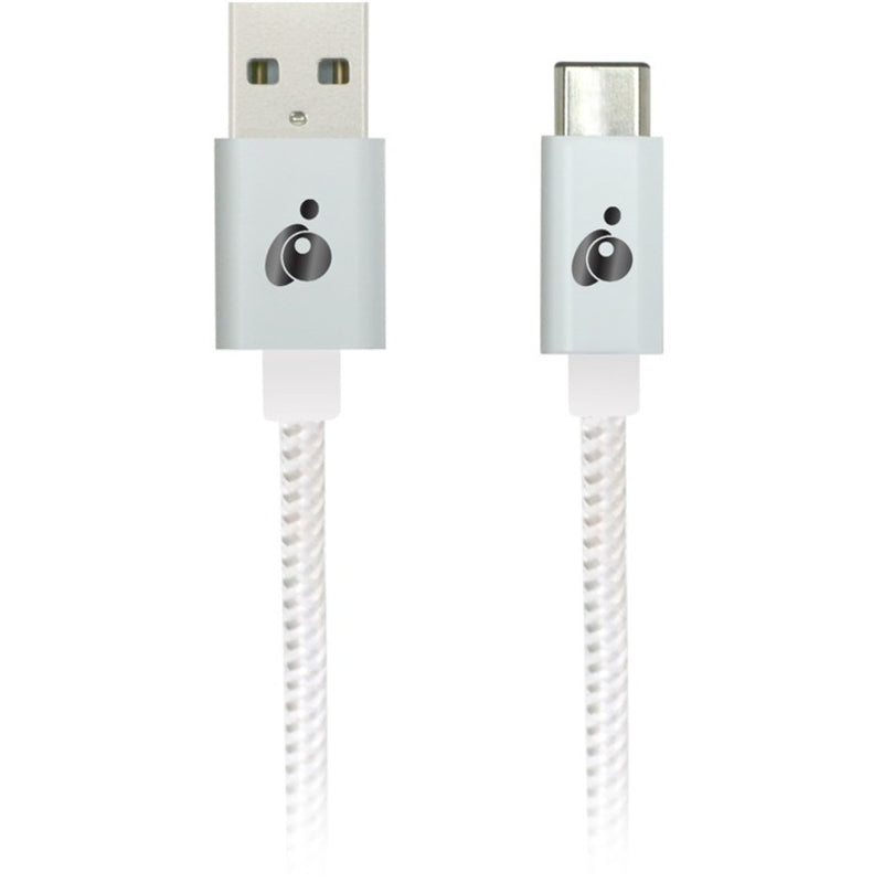 IOGEAR white braided USB-C to USB-A cable with reversible connectors and IOGEAR logo on both ends