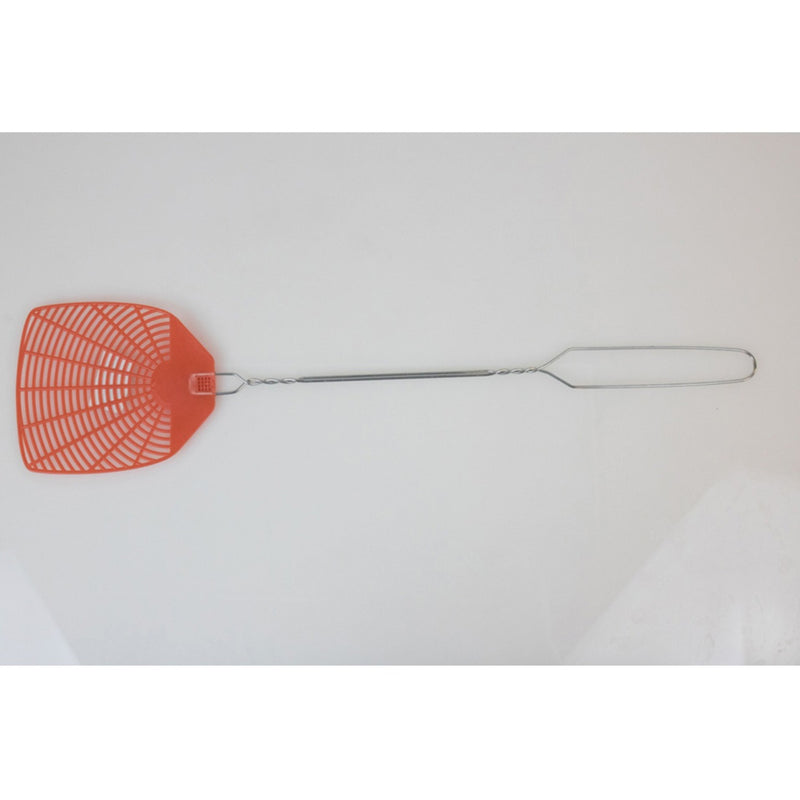 Full-length view of orange fly swatter showing complete design from handle to head