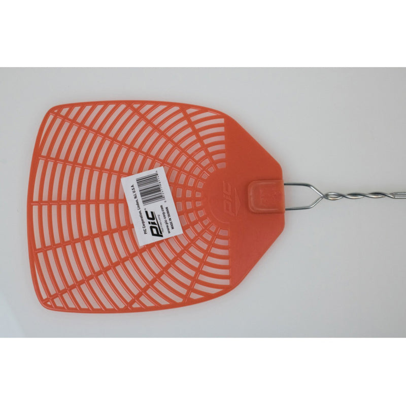 Top-down view of orange fly swatter blade showing PIC brand label and grid pattern