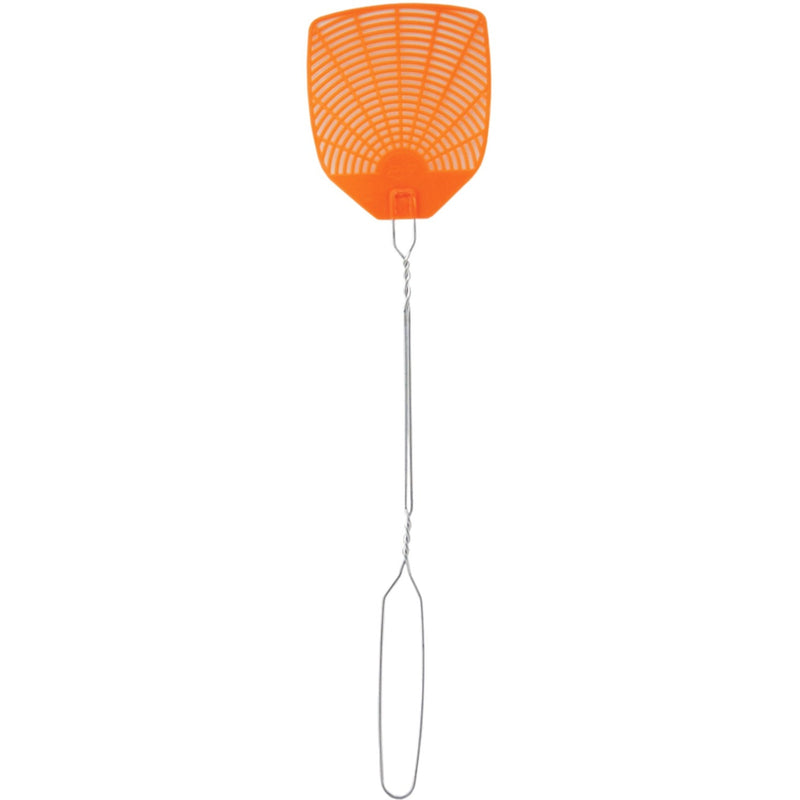 Orange plastic fly swatter with grid pattern blade and metal wire handle shown in full length