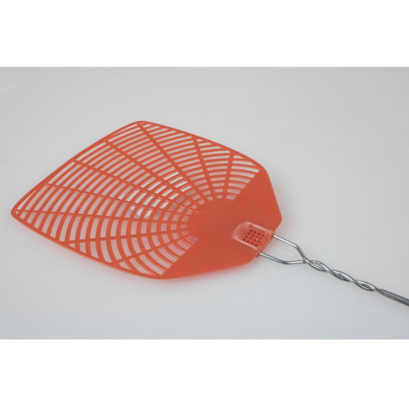 Angled view of orange fly swatter showing grid pattern design