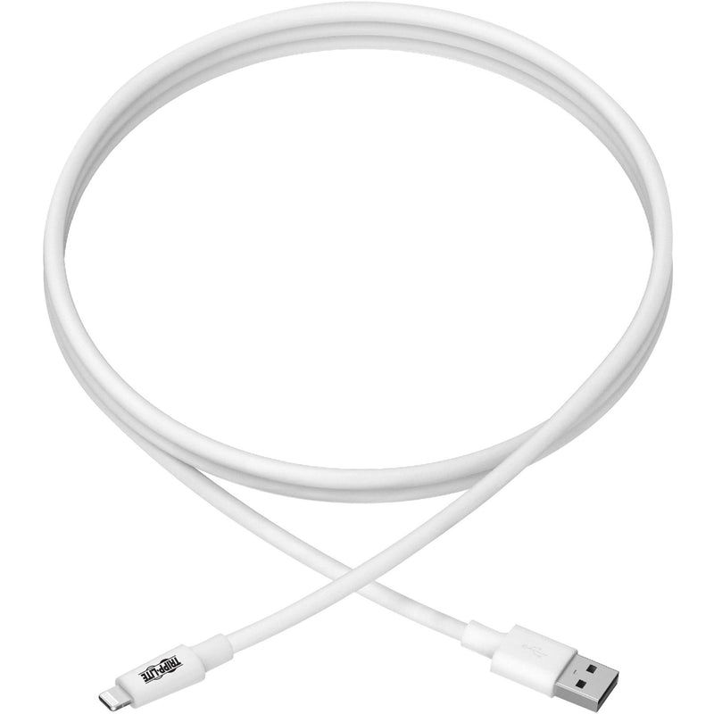 Full length view of white 10-foot Tripp Lite Lightning cable showing cable flexibility