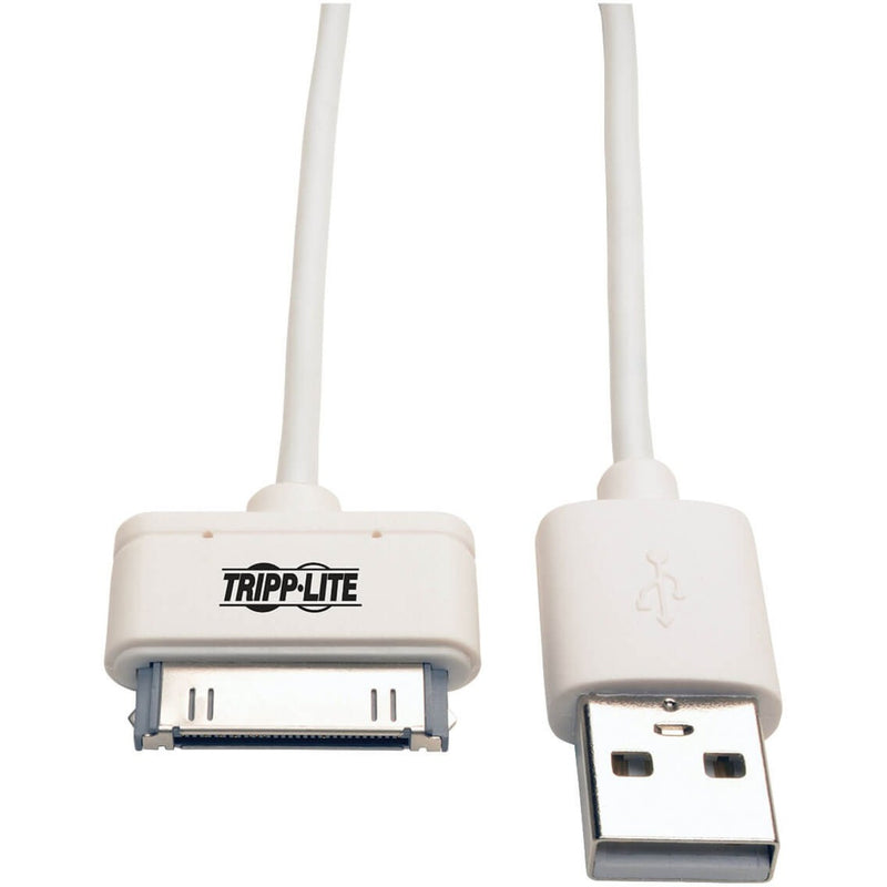 Tripp Lite white USB to 30-pin Apple dock connector cable showing both connector ends