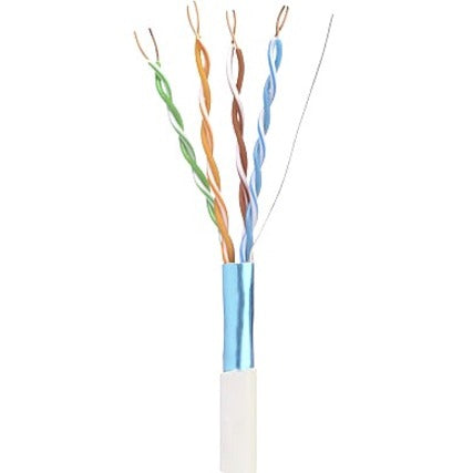 Close-up view of Genesis Cat.5e FTP network cable showing four twisted pairs with foil shielding and blue outer jacket