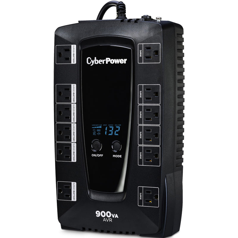 Angled view of CyberPower AVRG900LCD displaying LCD screen and outlet configuration