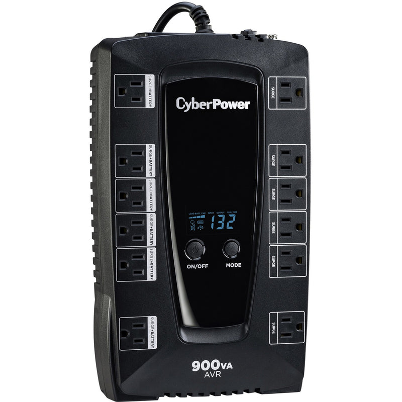 Side angle view of CyberPower AVRG900LCD showing outlet arrangement and compact design