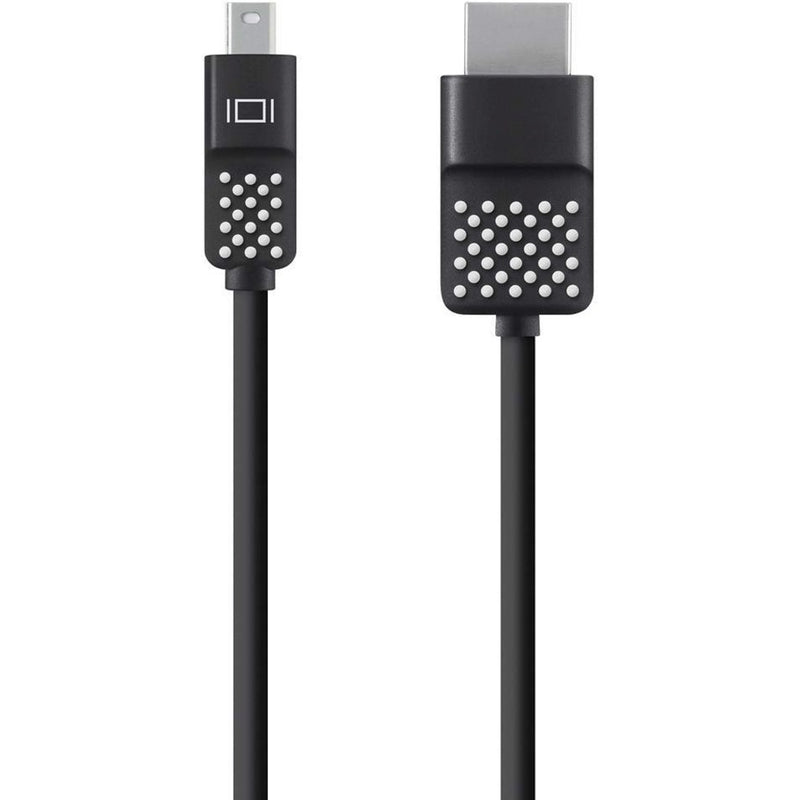 Close-up view of Belkin Mini DisplayPort to HDTV cable showing black connectors with white dot pattern and strain relief design