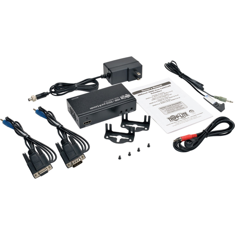 Complete package contents of HDBaseT receiver including cables, adapters, and mounting hardware