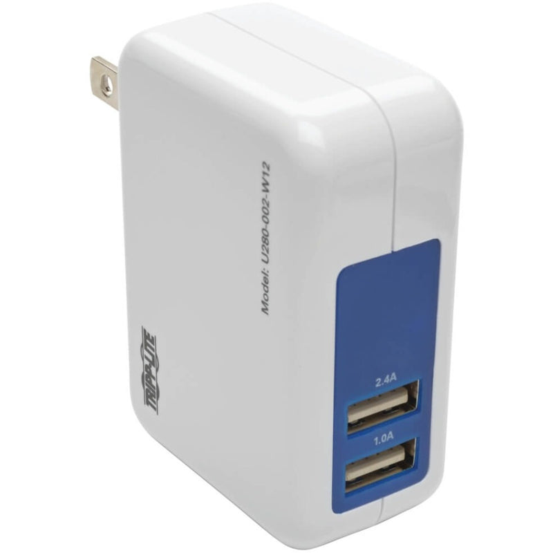 White USB wall charger with two ports marked 2.4A and 1.0A with blue accent panel