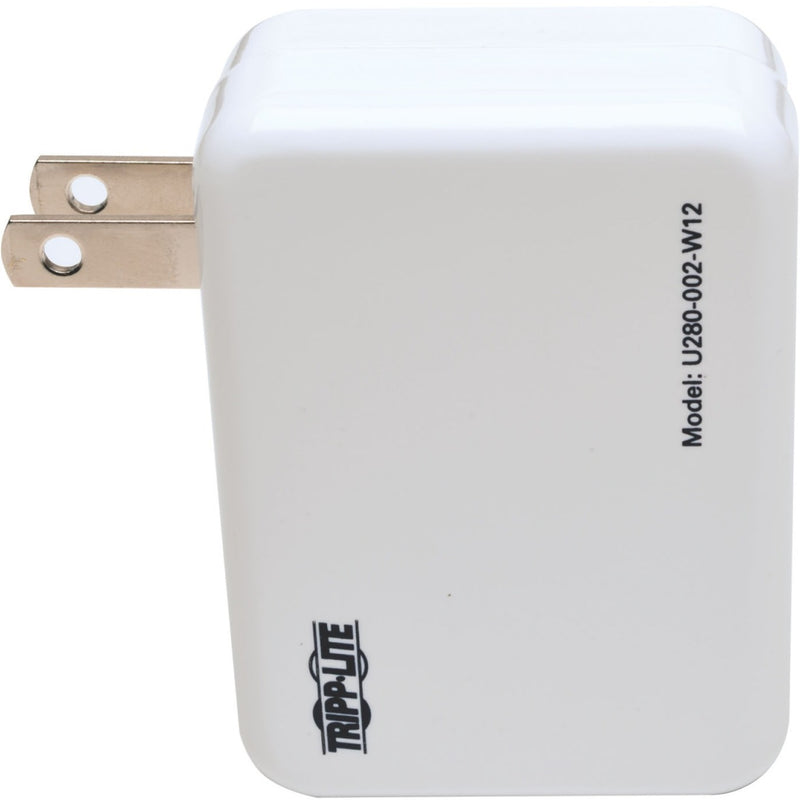 Side view of white USB wall charger showing integrated power plug and model number