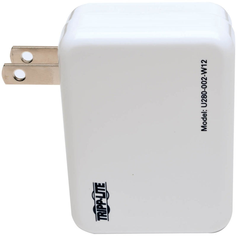 Side profile of white USB wall charger showing Tripp Lite branding and model number