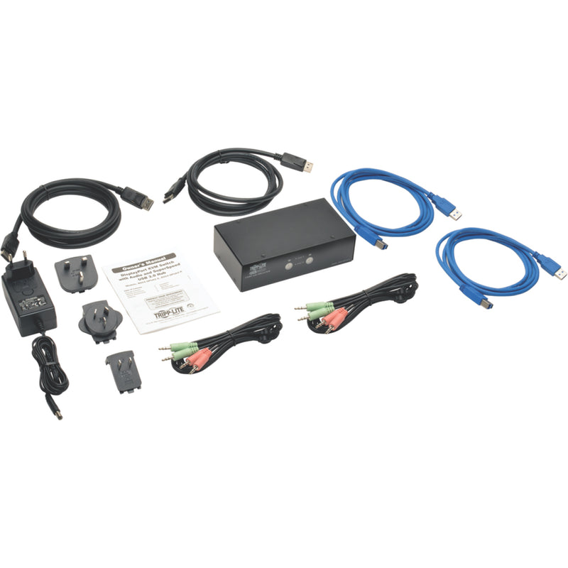 Complete package contents of Tripp Lite KVM switch including cables and accessories