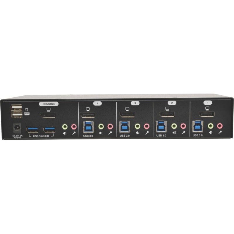 Rear view of KVM switch showing all connection ports including DisplayPort, USB 3.0, and audio interfaces