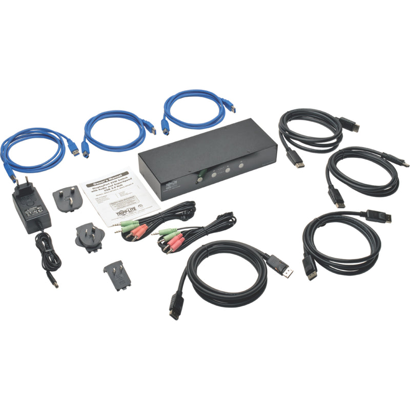 Complete package contents of Tripp Lite KVM switch including cables, power adapters, and accessories