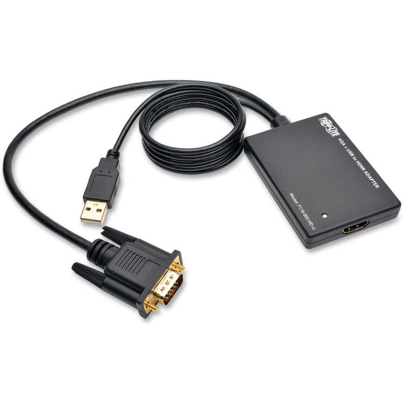 Tripp Lite VGA to HDMI converter with USB cable and compact black housing