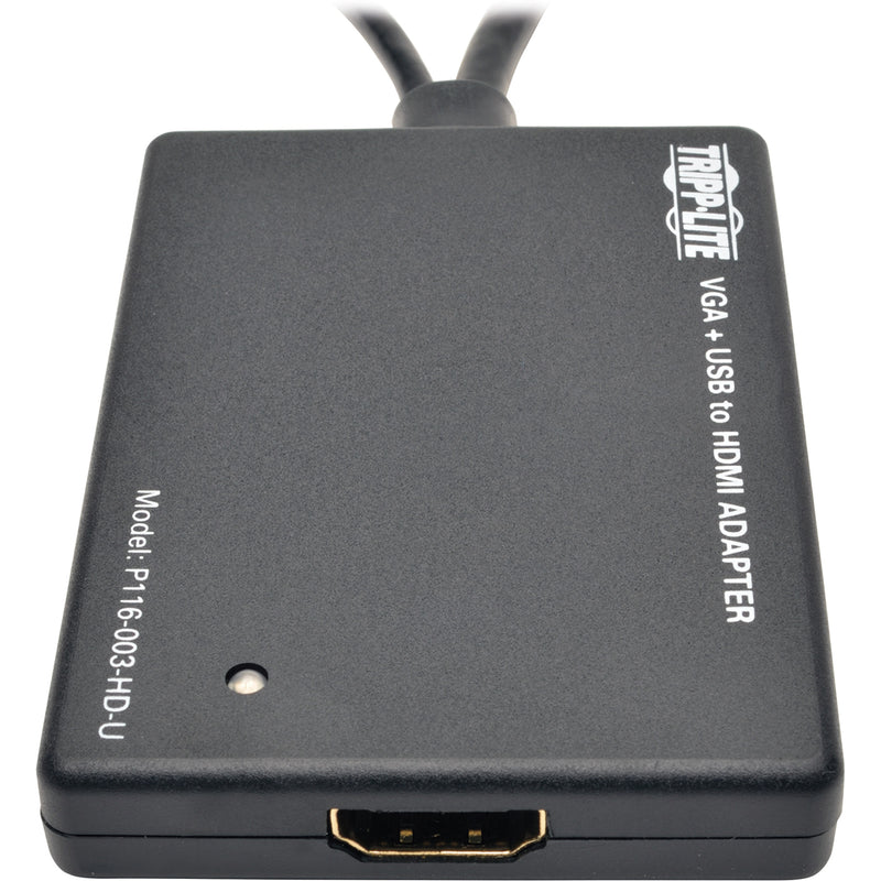 Top view of VGA to HDMI converter showing HDMI port and status LED