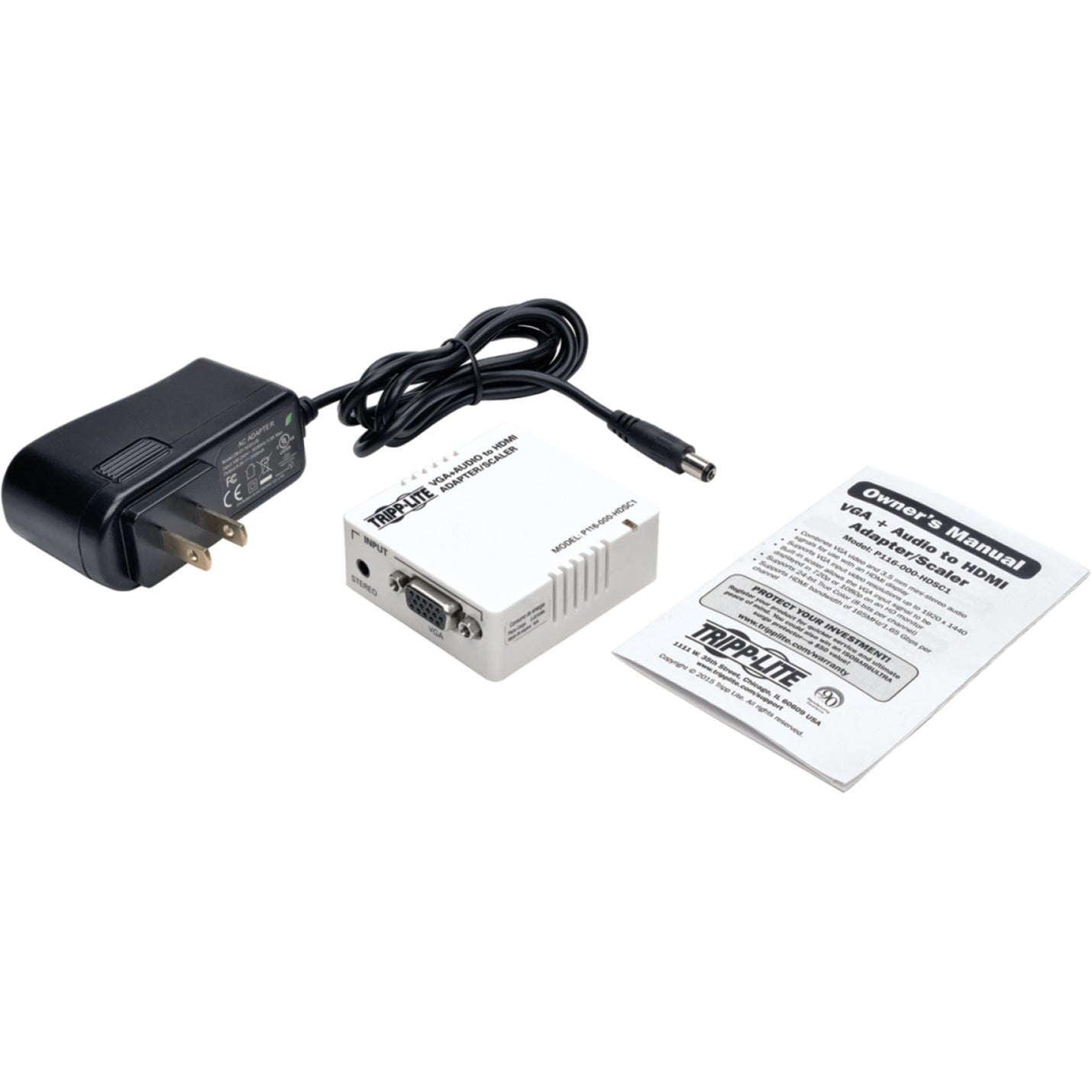 Complete package contents of Tripp Lite VGA to HDMI Converter including power adapter and manual-alternate-image3