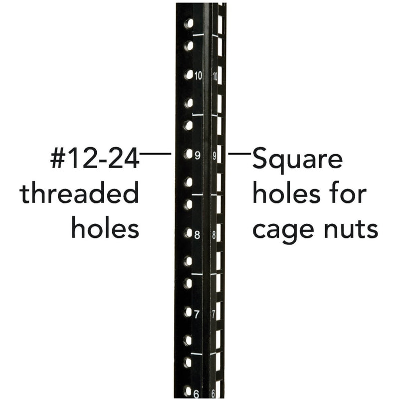 Detailed view of rack rail showing dual mounting hole system