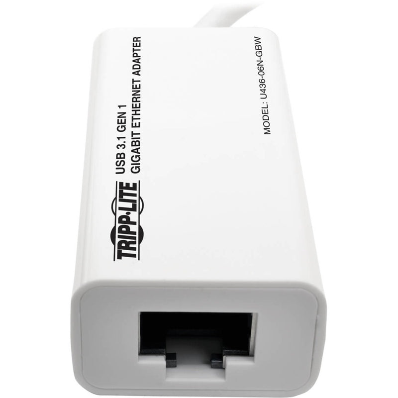 Close-up view of RJ45 port on Tripp Lite Ethernet adapter