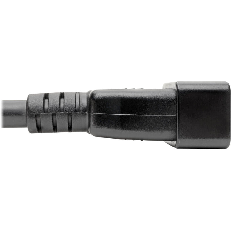 Detailed close-up of connector strain relief and housing design on Tripp Lite power cord