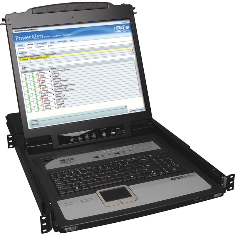 Tripp Lite NetDirector KVM console showing PowerAlert management interface on 19-inch LCD display with integrated keyboard