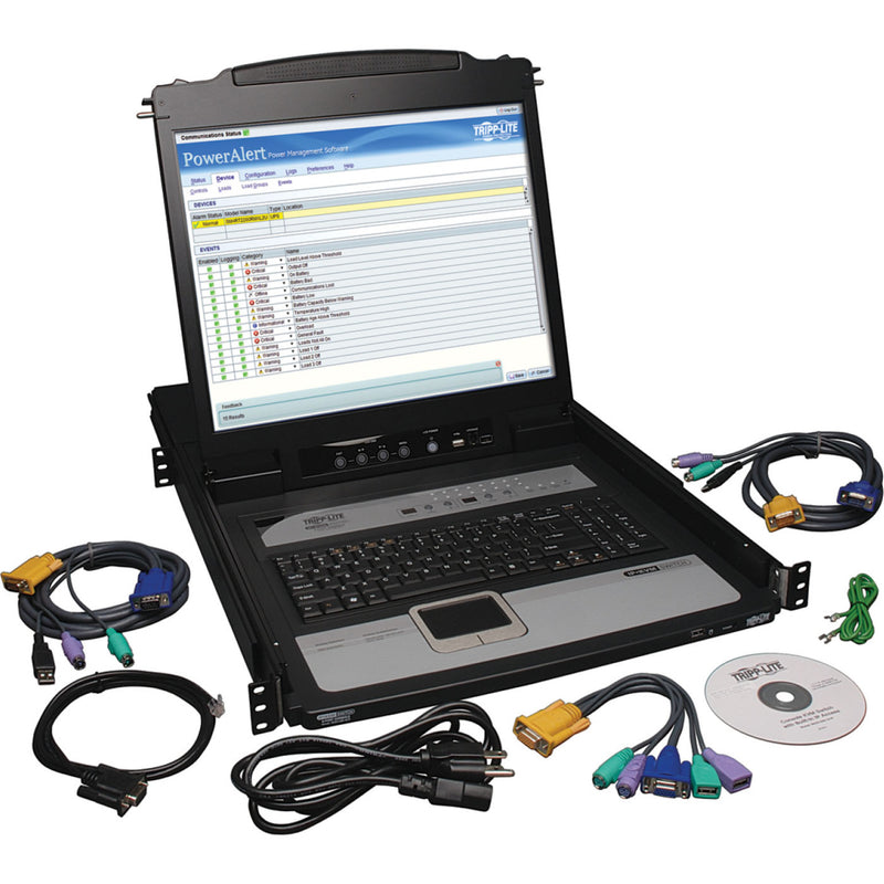 Tripp Lite NetDirector KVM console with included cables, accessories, and installation media