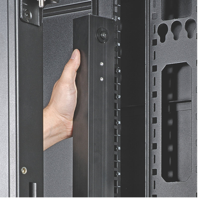 Detail of PDU button mounting system with rack installation demonstration