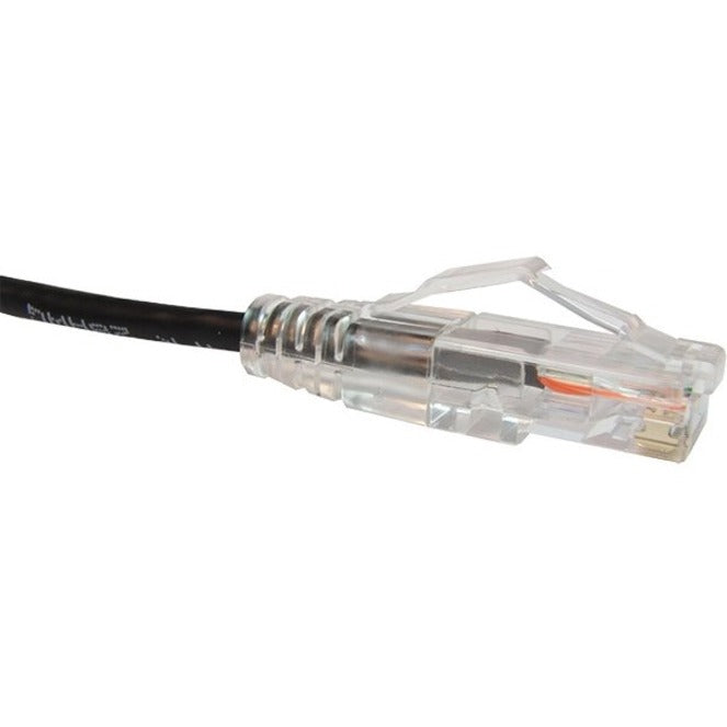 Close-up view of Unirise ClearFit Slim Cat6 cable's transparent RJ-45 connector showing gold-plated pins and black cable jacket