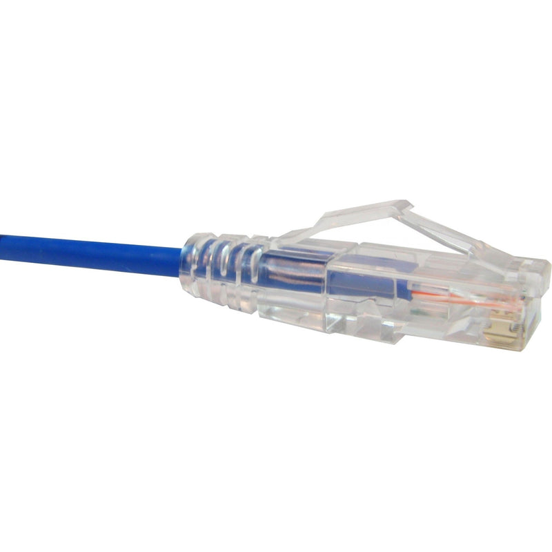 Close-up view of Unirise ClearFit Slim Cat6 patch cable's transparent RJ-45 connector with blue cable