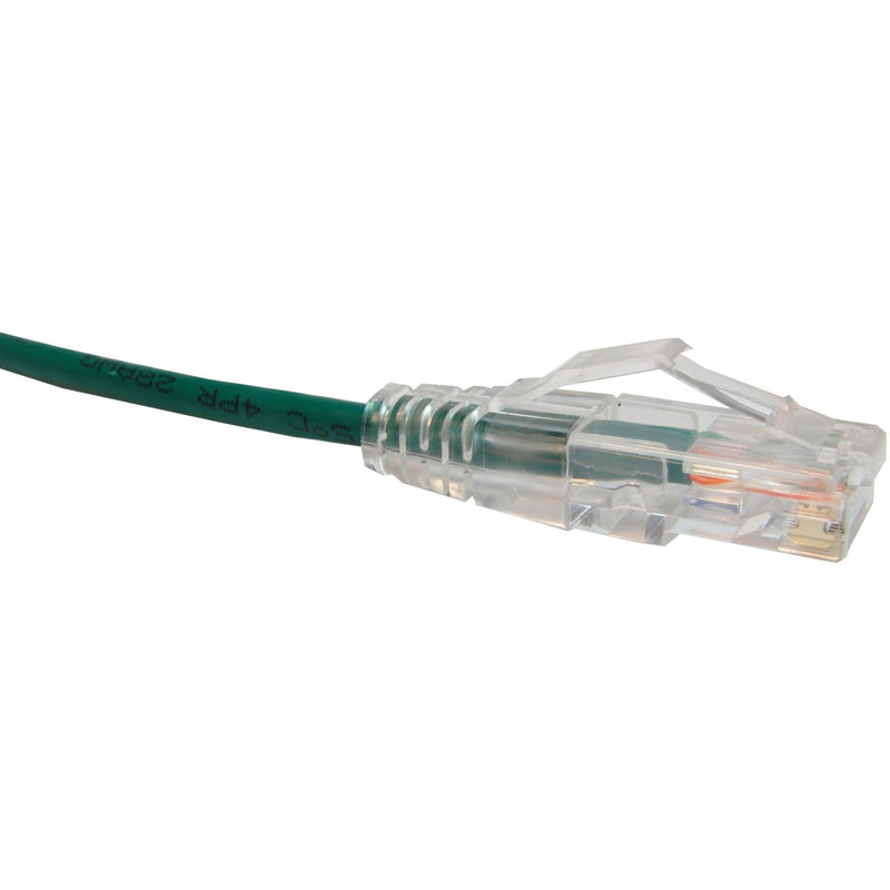 Close-up view of Unirise ClearFit Slim Cat6 patch cable showing transparent snagless boot and green cable jacket