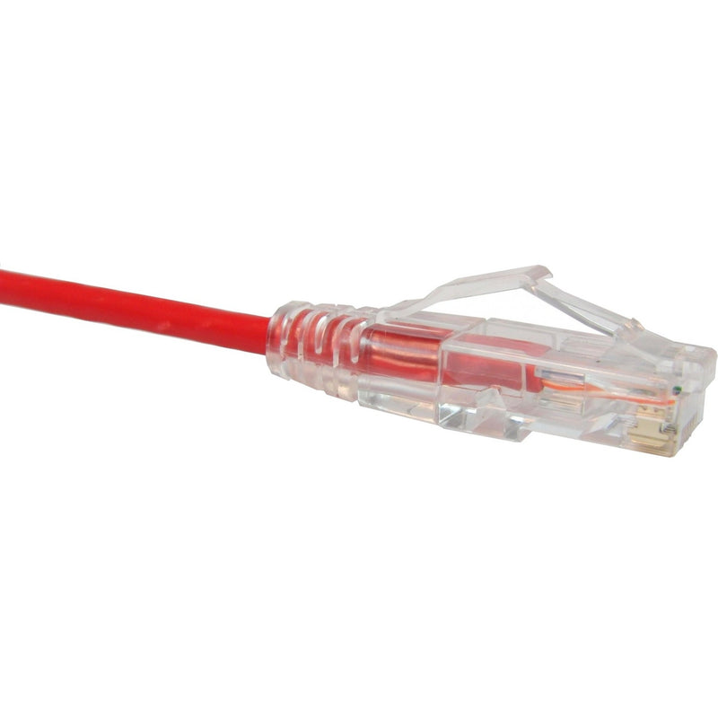 Close-up view of transparent RJ-45 connector on red Unirise ClearFit Slim Cat6 patch cable showing gold-plated pins and snagless boot design