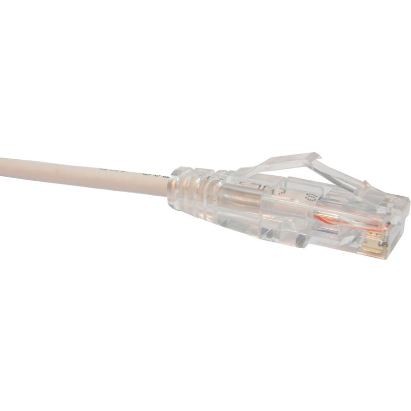 Close-up view of Unirise ClearFit Slim Cat6 cable's transparent RJ-45 connector and white cable jacket