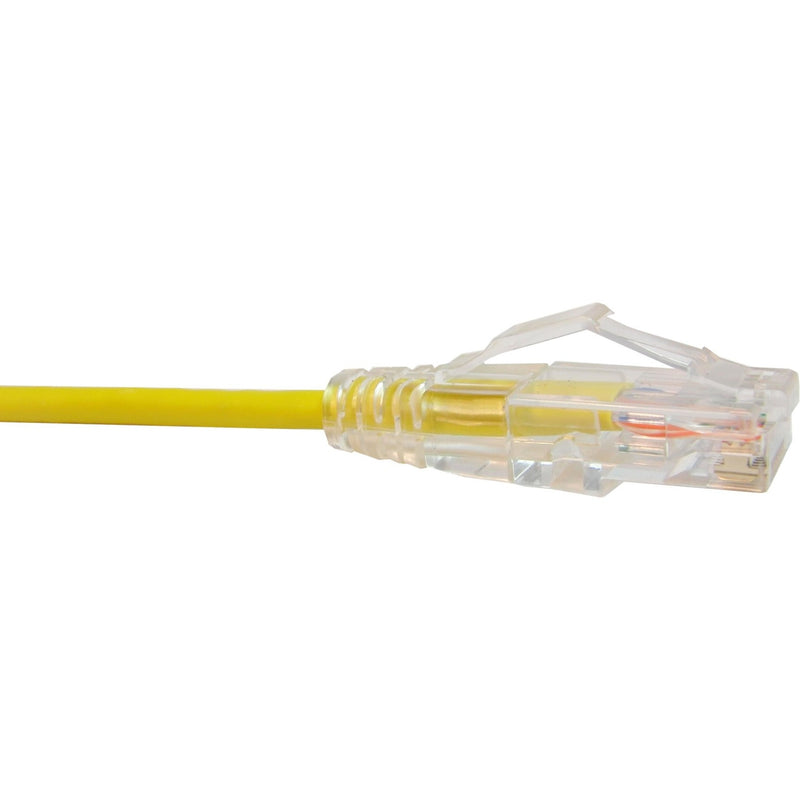 Close-up view of Unirise ClearFit Slim Cat6 yellow patch cable with transparent snagless boot and gold-plated RJ-45 connector