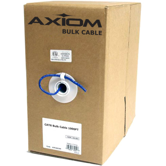 Axiom CAT6 bulk cable 1000ft spool in eco-friendly cardboard packaging with specifications label