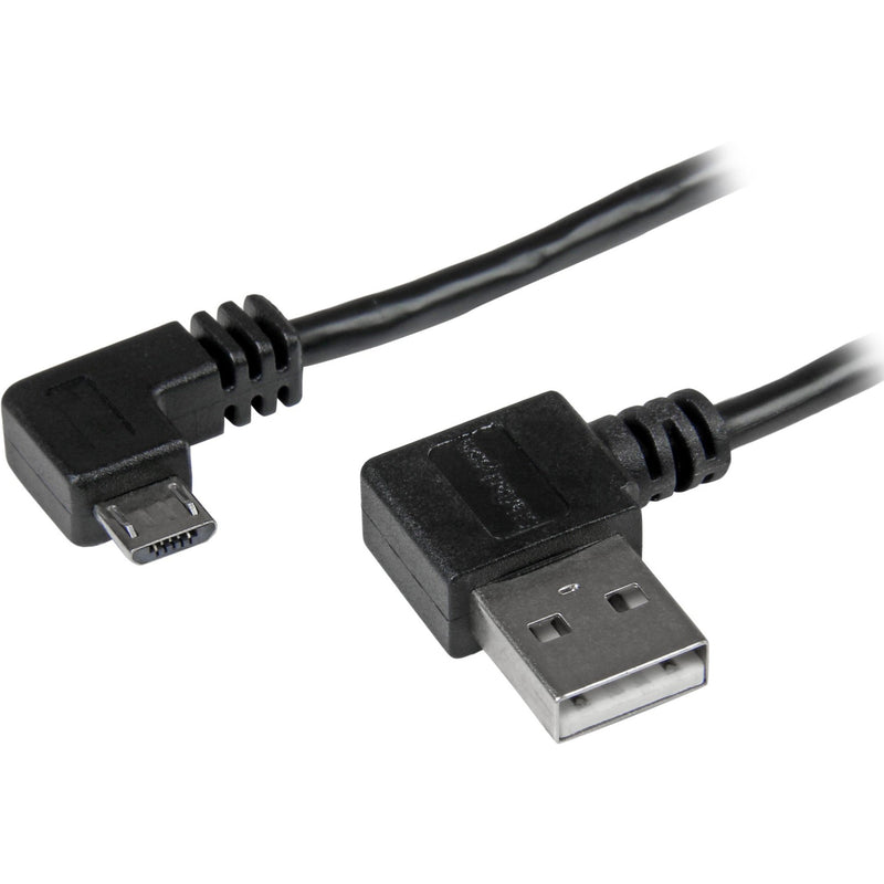 Right-angled Micro-USB to USB cable showing both connector ends with black cable