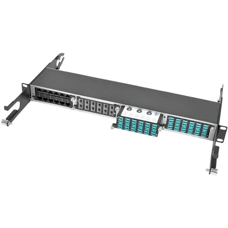 Complete assembly view of N484-3M8-LC12 cassette showing rack mounting and all connection interfaces