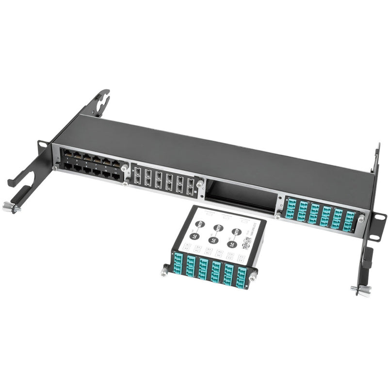 Angled view of N484-3M8-LC12 cassette installed in rack chassis with multiple connection options