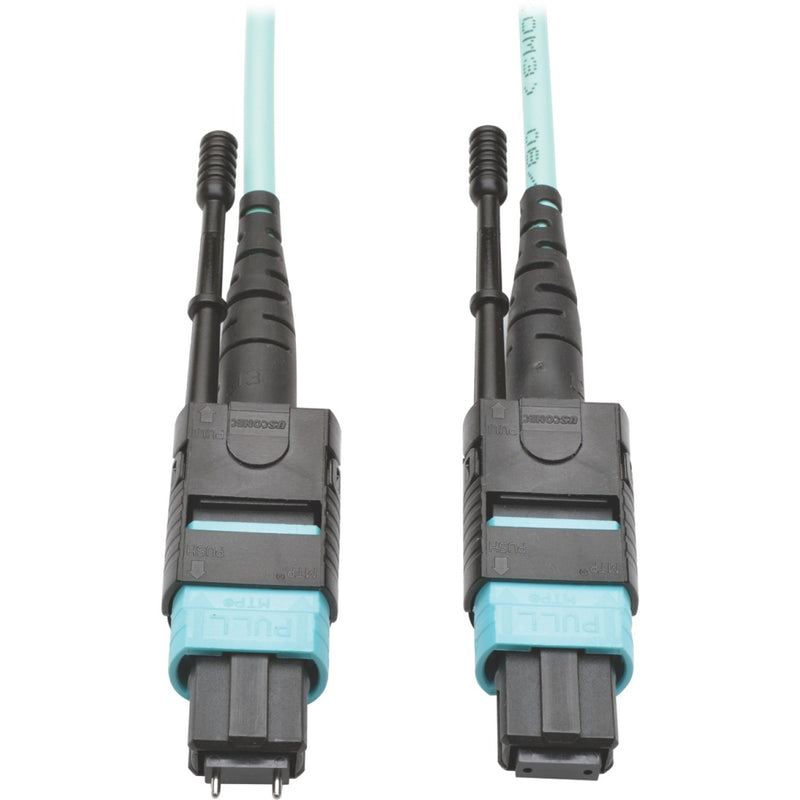 Close-up view of MTP/MPO male and female connectors on Tripp Lite N842-05M-12-MF fiber optic cable with aqua jacket