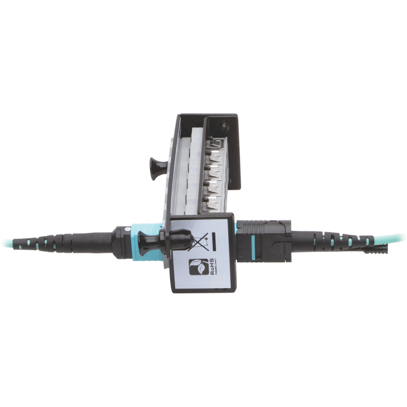 Top view of Tripp Lite N842-10M-12-MF fiber optic cable showing polarity management system and connector alignment