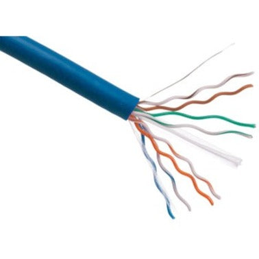 Close-up view of Axiom CAT6 network cable showing exposed twisted pair wires with blue outer jacket