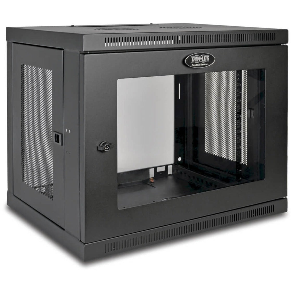 Front view of Tripp Lite SRW9UG 9U wall-mount rack enclosure with clear acrylic door and mesh ventilation-alternate-image1