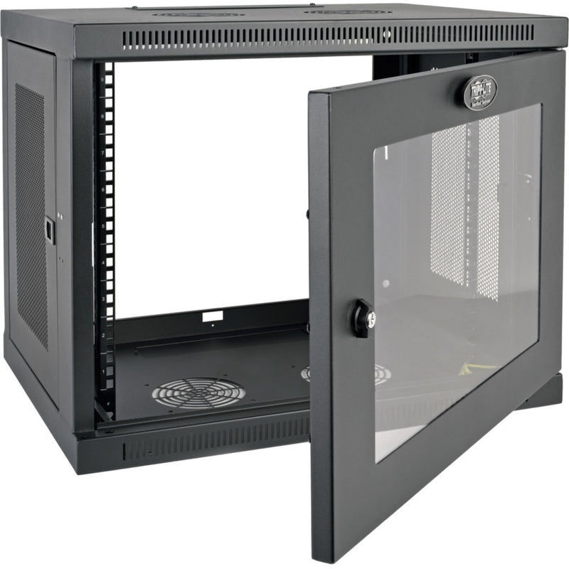 Open front view of SRW9UG rack enclosure showing internal mounting rails and ventilation fan