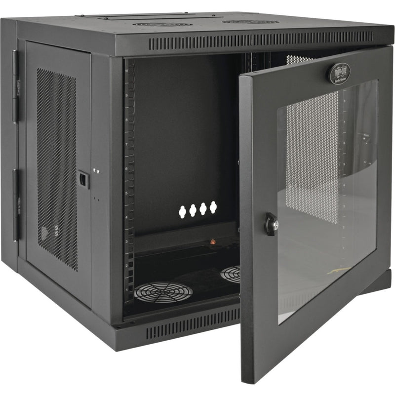 Side view of SRW10USG cabinet with open door showing internal mounting rails and ventilation system