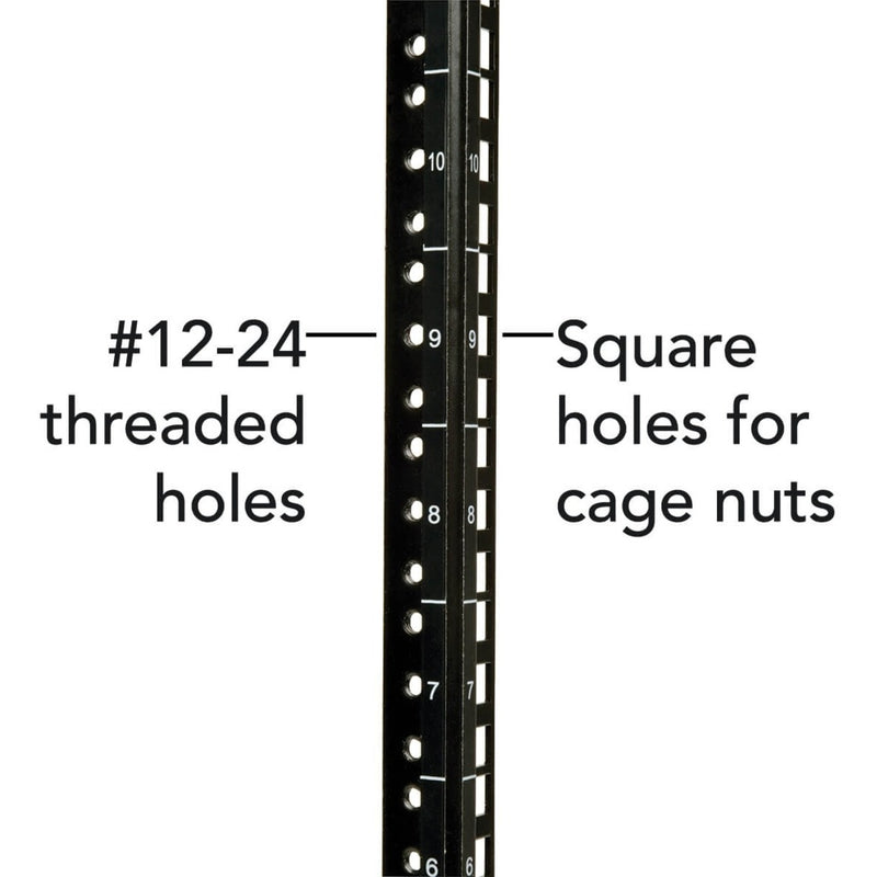 Close-up of rack rail showing mounting hole details and measurements