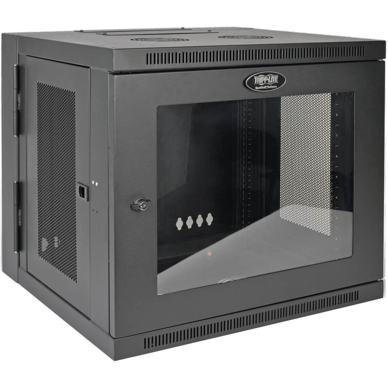 Front view of Tripp Lite SRW10USG wall mount rack cabinet showing plexiglass door and ventilated design