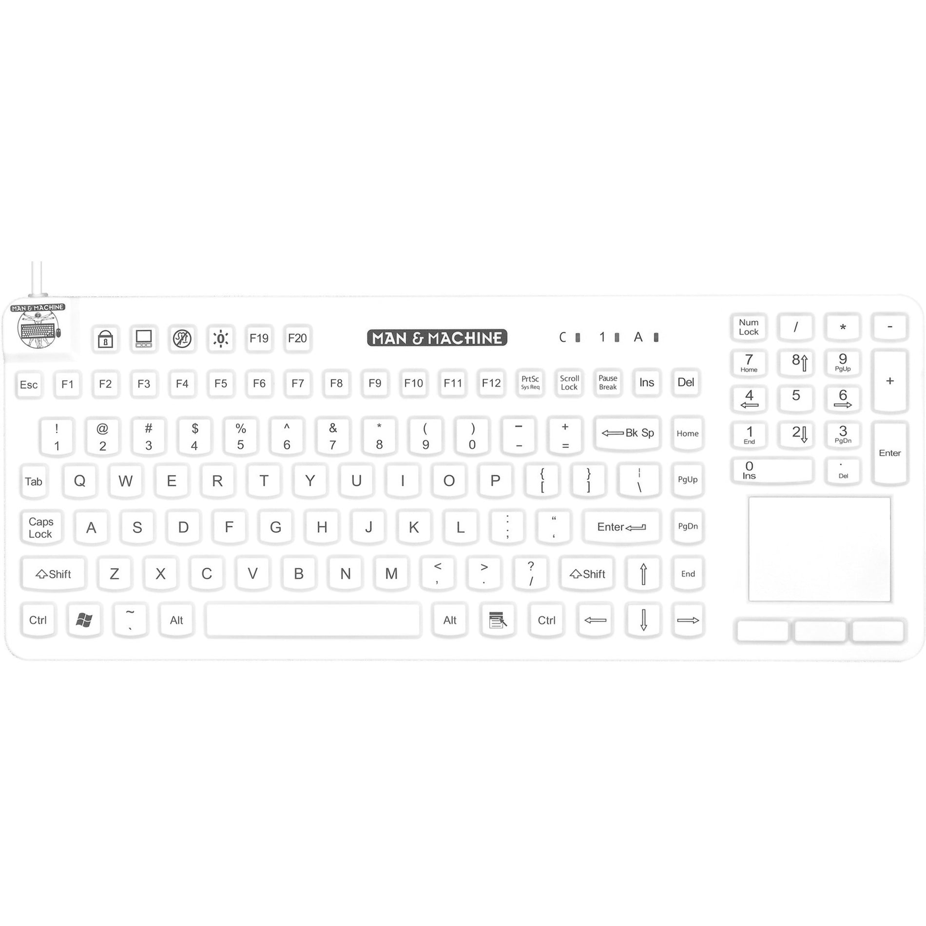 Man & Machine RCTLP/W5 Really Cool Touch Keyboard, Industrial Silicon Rubber, USB Cable, White