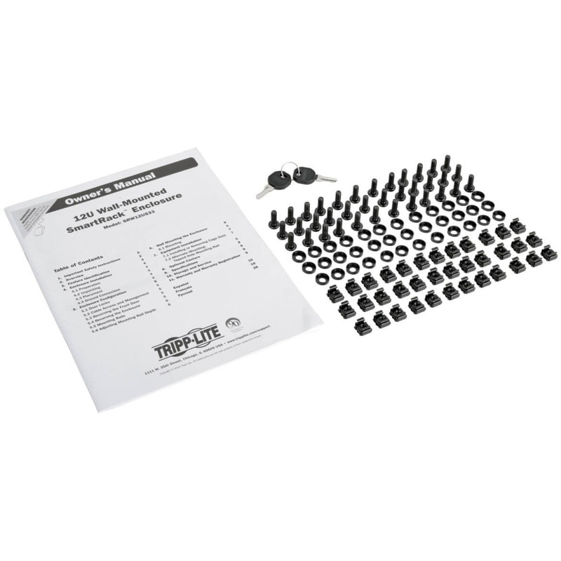 Installation kit components including manual, mounting hardware, and keys