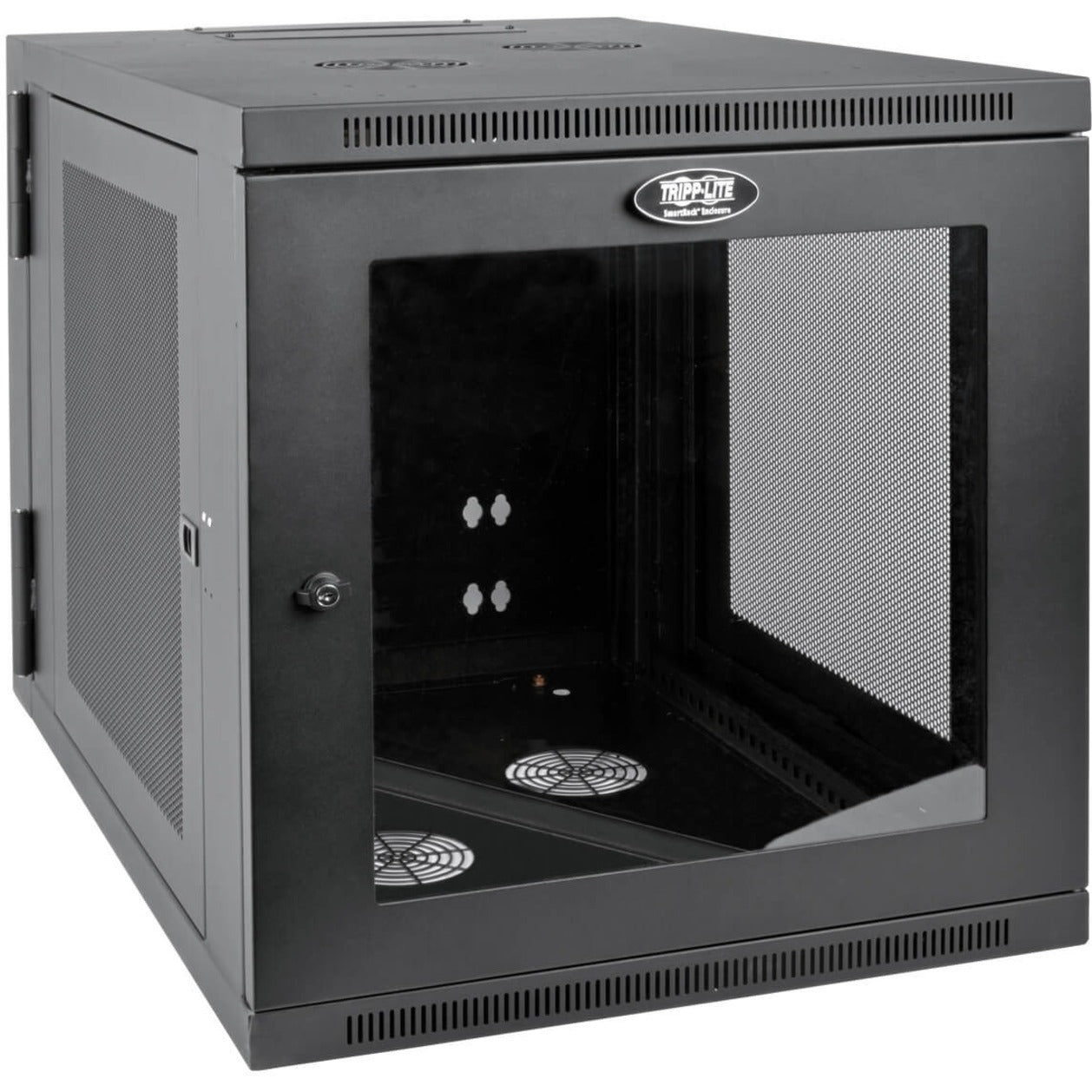 Front view of Tripp Lite SRW12US33G rack cabinet showing ventilated door with acrylic window and cooling fans-alternate-image1